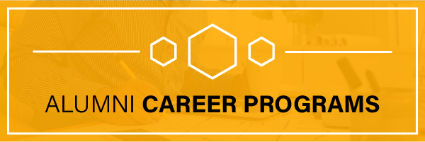 A yellow box with three hexagons, one larger flanked by two smaller ones, with the words Alumni Career Programs