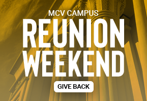 Gold background image promoting giving opportunity for MCV campus Reunion