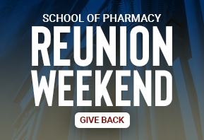 Navy background image promoting giving opportunity for VCU School of Pharmacy