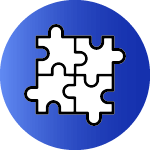 Four connected puzzle pieces on top of circular blue background.