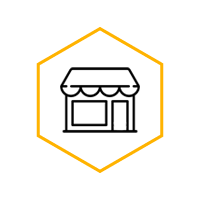 A black line drawing of a small-town business in a yellow hexagon