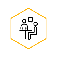 Graphic of two people at a table in a hexagon