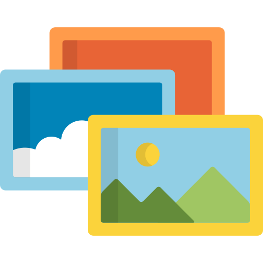 Vector drawing of three pictures, one with mountain landscape, one with blue sky and cloud